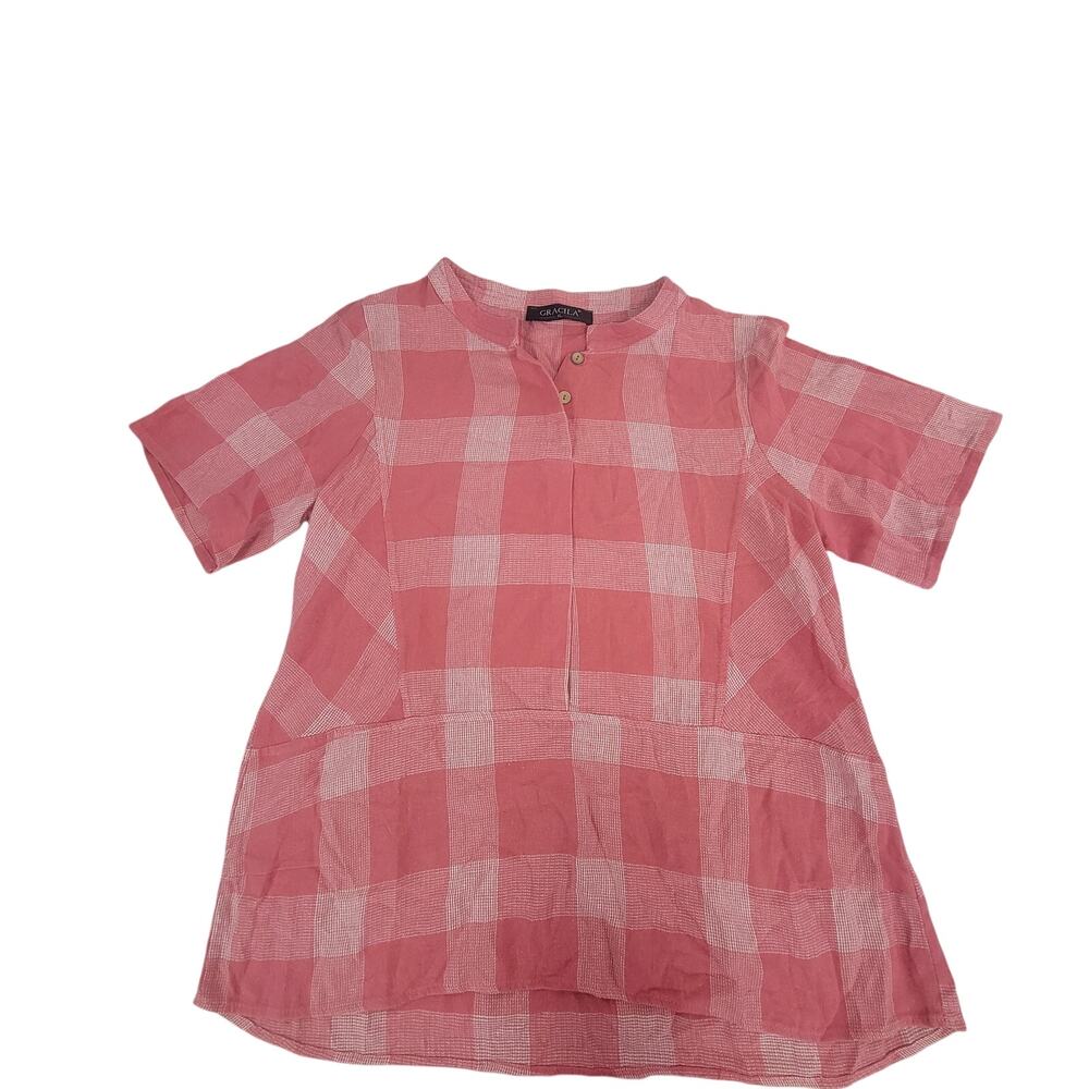 Gracila Pink White Plaid Short Sleeve Blouse XL Lightweight Hi Low
